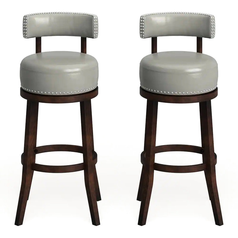 Tabouret de bar pivotant de 30 po (2), base en bois massif de chêne foncé, siège gris, chaises de salle à manger transitionnelles, garniture cloutée à couper le souffle, siège et dossier, siège en bois,