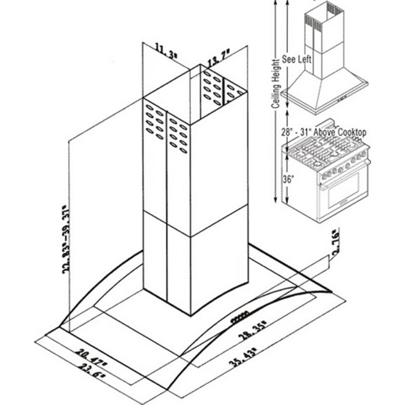 Hotte de cuisinière îlot de 36" 600 cfm