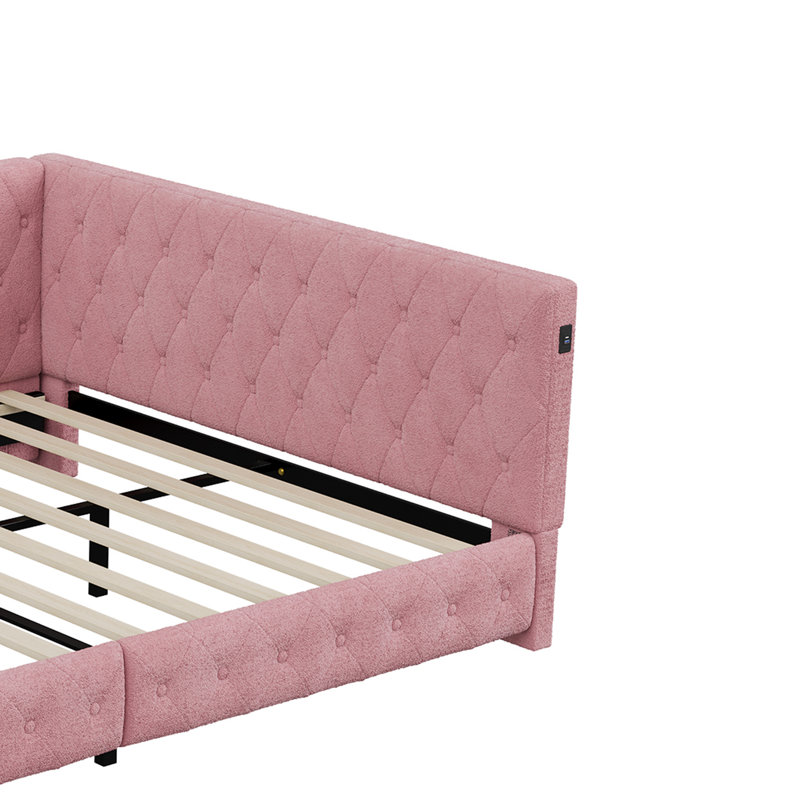 UK Double (4'6) Teddy Fleece Upholstered Daybed With LED Lights & USB-C Charging, L-Shaped Sofa Bed Frame, Pink & White, 135X190cm