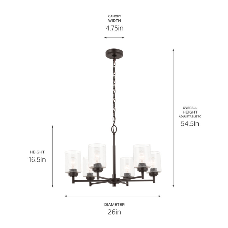 Bronze 6-Light Chandelier with Clear Seeded Glass Shades