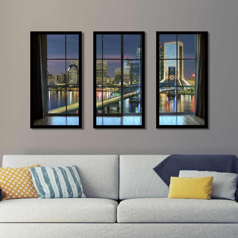 « jacksonville, floride, usa city city horizon city », ensemble de 3 reproductions de photos encadrées