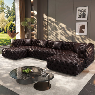 Ensemble de canapé moderne 105,7 po, canapé modulaire rembourré 3 places en similicuir avec conception touffetée à la main pure, 2 repose-pieds et 3 coussins, combinaison multiple pour le salon