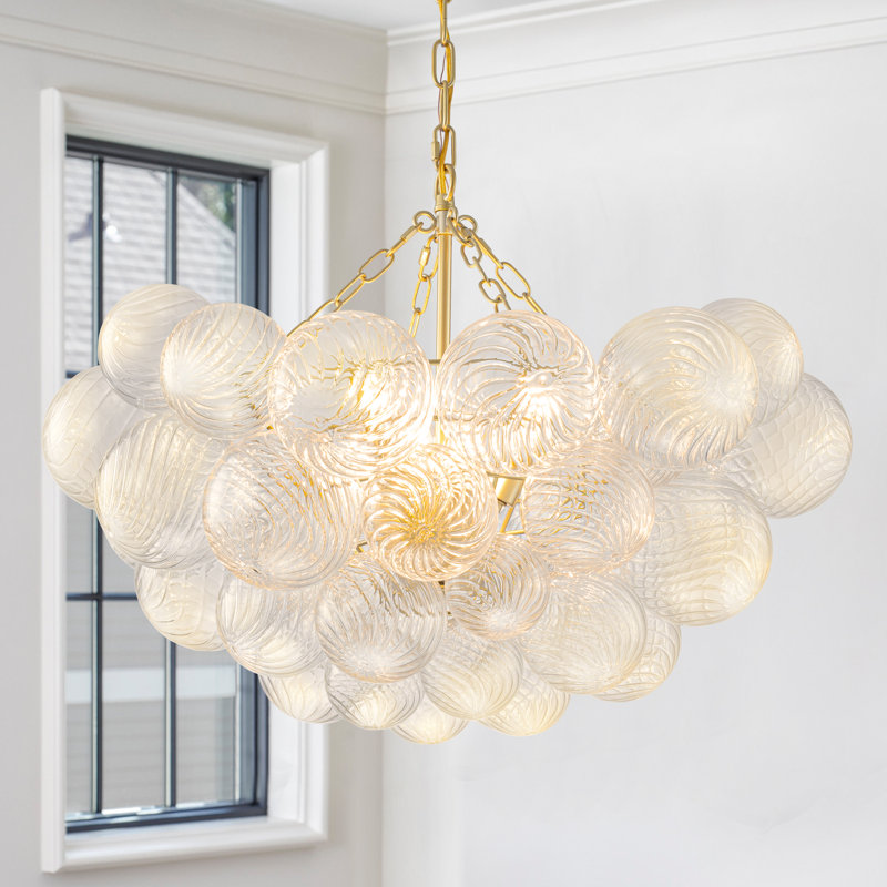 Gold Chandeliers With Ribbed Globe Glass, 3 Lights, 18.25" H x 21.5" W x 21.5" D