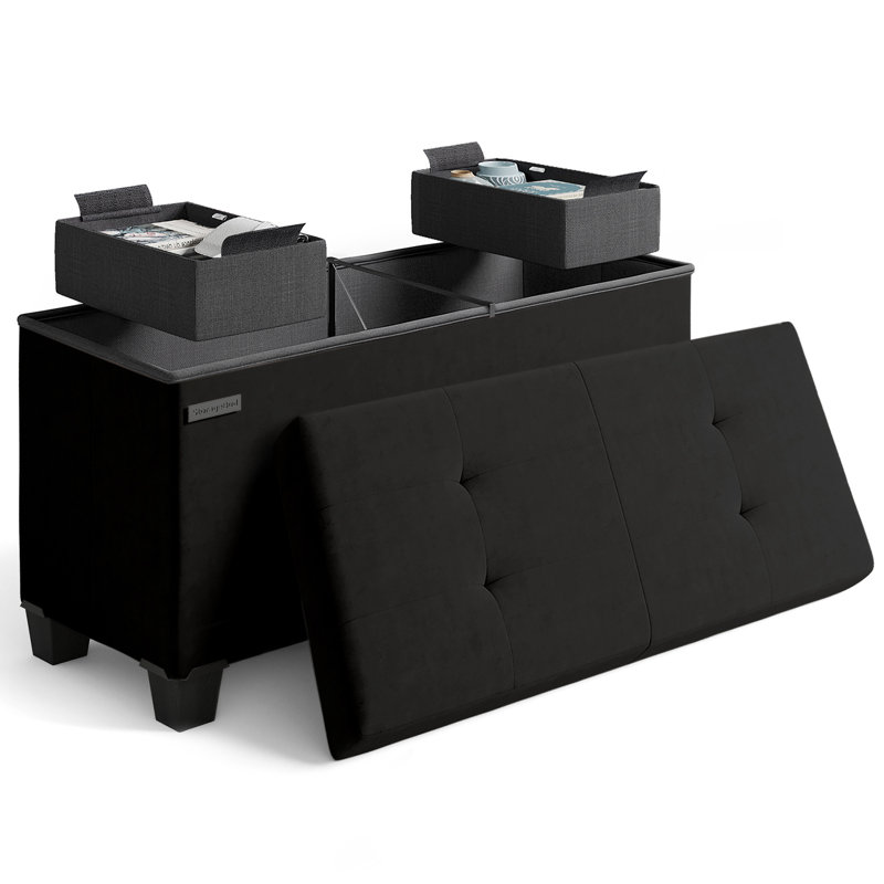 Banc repose-pieds en velours avec rangement amovible Nestl, H 15 po x l 30 po x P 15 po, Noir