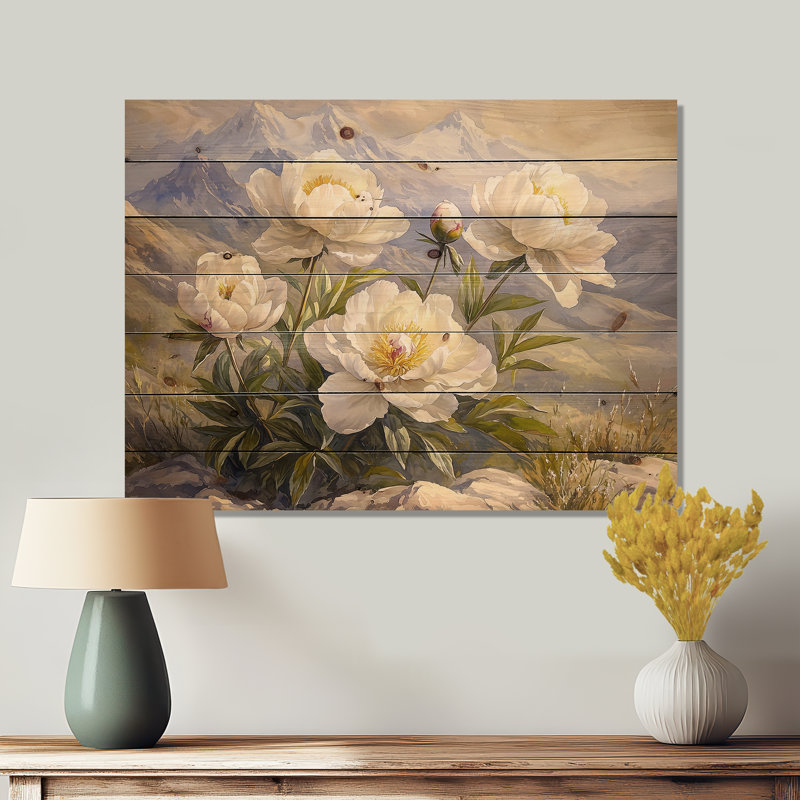 Pivoines près de la crête de montagne II - Art mural en bois pivoines - sur bois de pin naturel