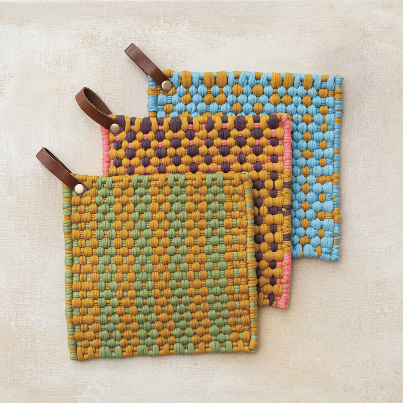 Support à casserole en coton multicolore avec boucle en cuir, Yellow/Green/Pink/Black