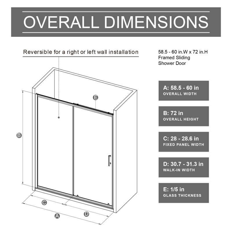 72 In Tall Single Sliding Shower Door, 60 Wide, 1/5 Inch Thick Tempered Glass, Finish, And Intuitive Installation Width X Height, Clear Rollers
