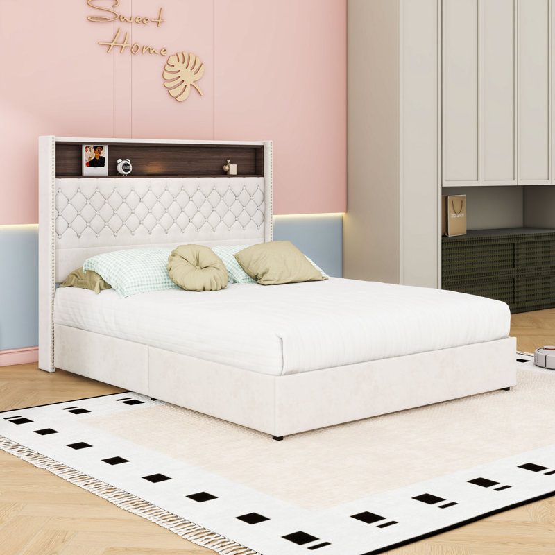 Base de lit plateforme avec port USB, veilleuse et tablette de tête de lit, Beige, Grand