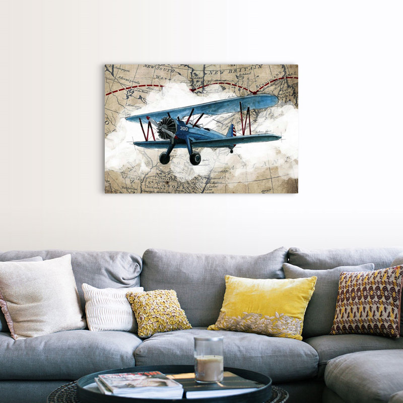 Biplane 1-impression d’art graphique sur toile, H 32 po x l 48 po x P 1,25 po, Toile tendue