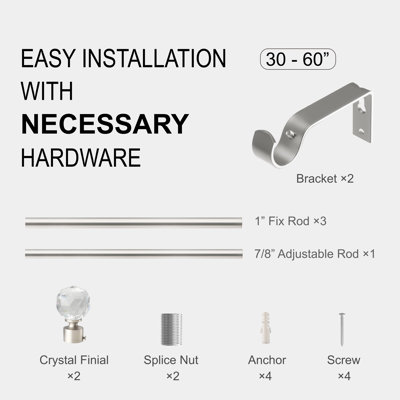 Heavy-Duty Single Curtain Rod with Crystal Finial,1" Diameter,Adjustable