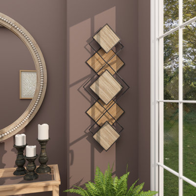 Bamboo Wood Overlapping Diamond Geometric Brown Wall Decor with Metal Wire