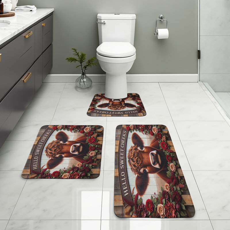  Ensemble de tapis de salle de bain rustique 3 pièces en U et tapis rectangulaires brun rouge brun taupe