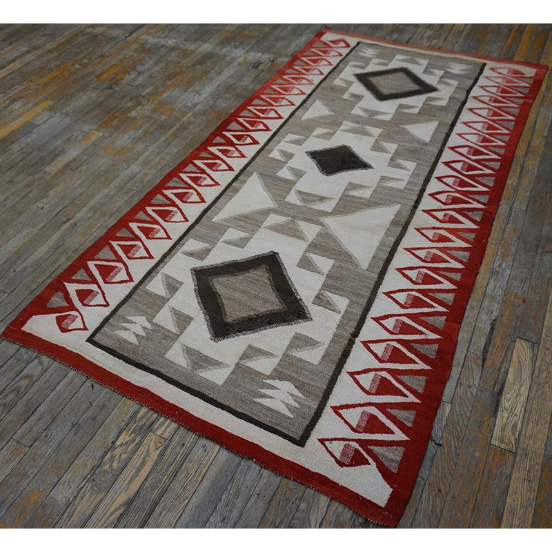 1930s Gray Tribal Antique American Navajo Carpet 4'9"x 6'9" Flatweave Wool Rug