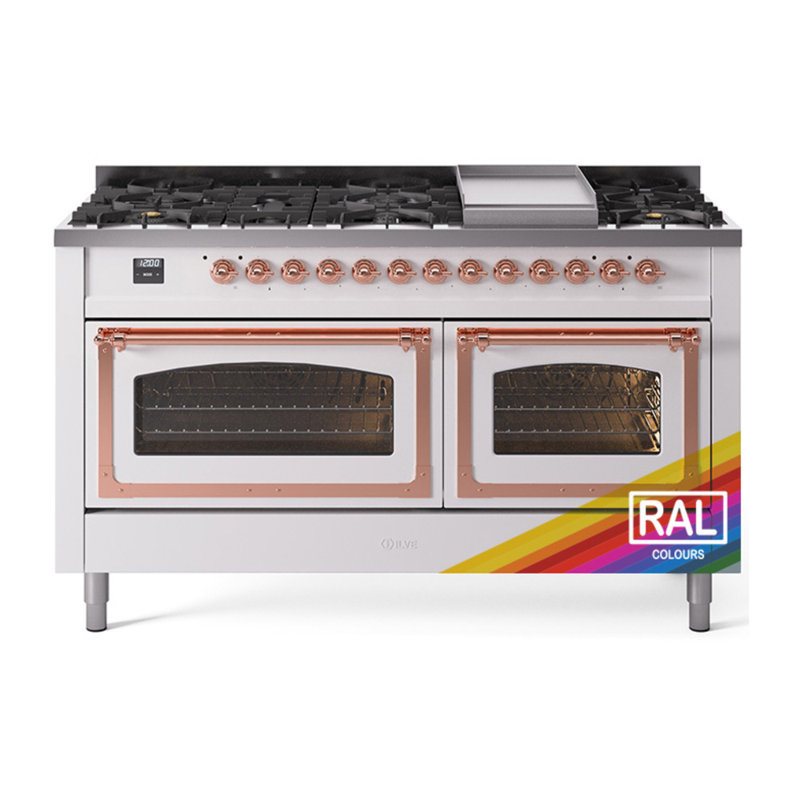 ILVE Nostalgie II Series 60 in. Dual Fuel Range with 9 Sealed Burners, Griddle (Liquid Propane, Glass Door), Copper