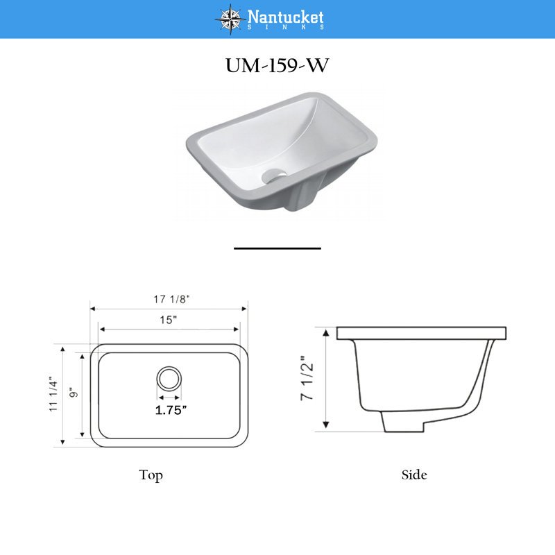 Nantucket Sinks Great Point 11.25'' Vitreous China Rectangular Bathroom Sink with Overflow