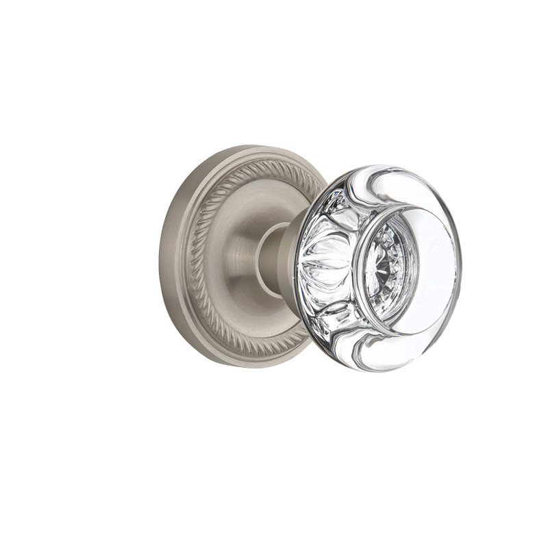 Rosette en corde avec poignée de porte ronde en cristal transparent, Nickel satiné, 2 3/8 po