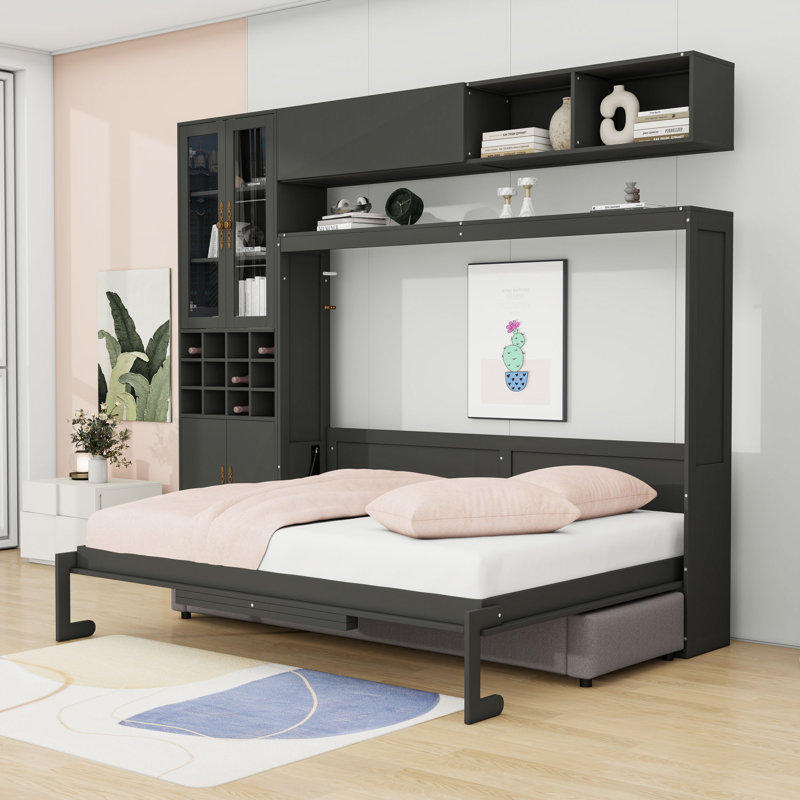 Lit escamotable en bois avec canapé et tablettes, USB et lumière, Blanc, Grand lit