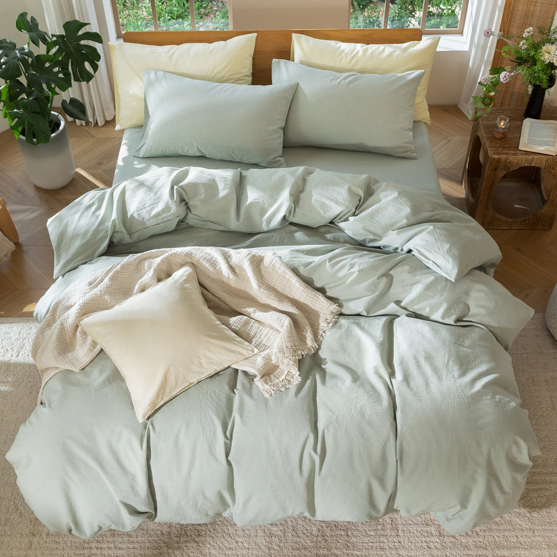 MooMee Lightweight Duvet Cover Set with Zipper Closure 8 Ties 100% Washed Cotton Linen Like Textured Soft Breathable All-Season