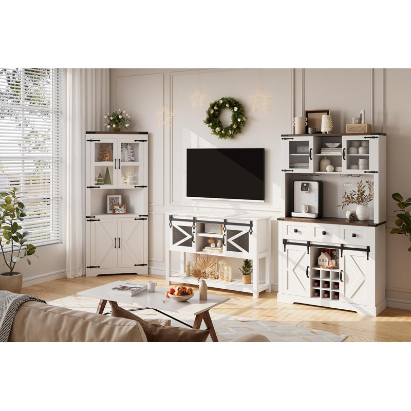 Armoire bar 72 po avec porte de grange coulissante, tiroirs, porte-bouteilles et porte-verres, style rustique