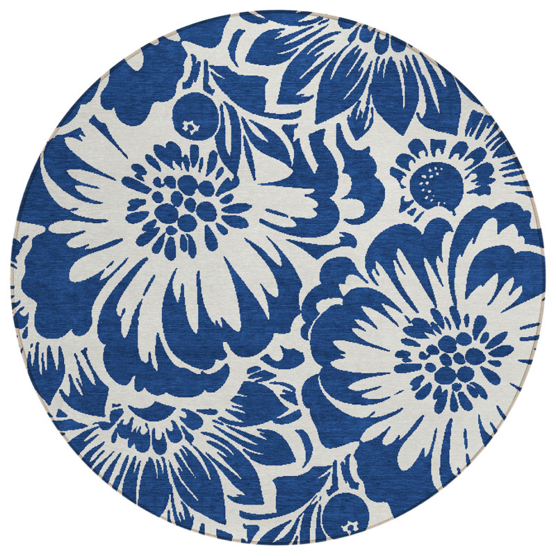 Tapis d'intérieur rond antidérapant rond 8 pi bleu marine et ivoire