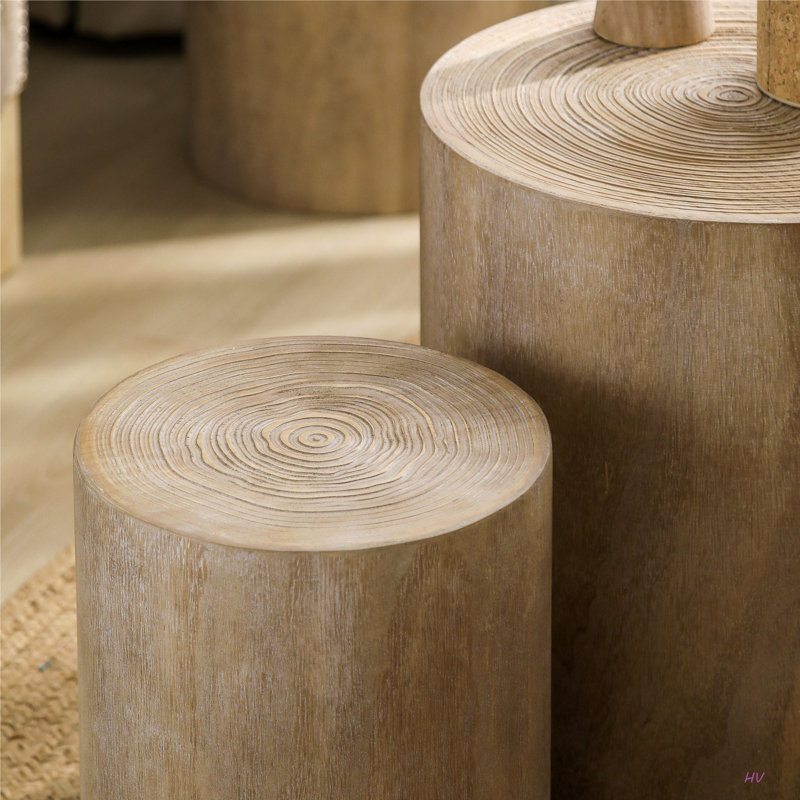 Ensemble de 3 tables basses rondes, tables de bout, supports à plantes et pièces décoratives - finition rustique