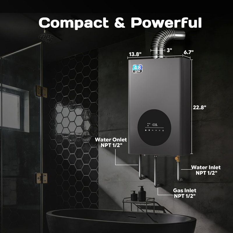 Chauffe-eau intérieur sans réservoir au propane, système d'eau chaude sur demande 4,8 GPM pour toute la maison avec écran tactile DEL, 110 000 BTU, tuyau de ventilation inclus