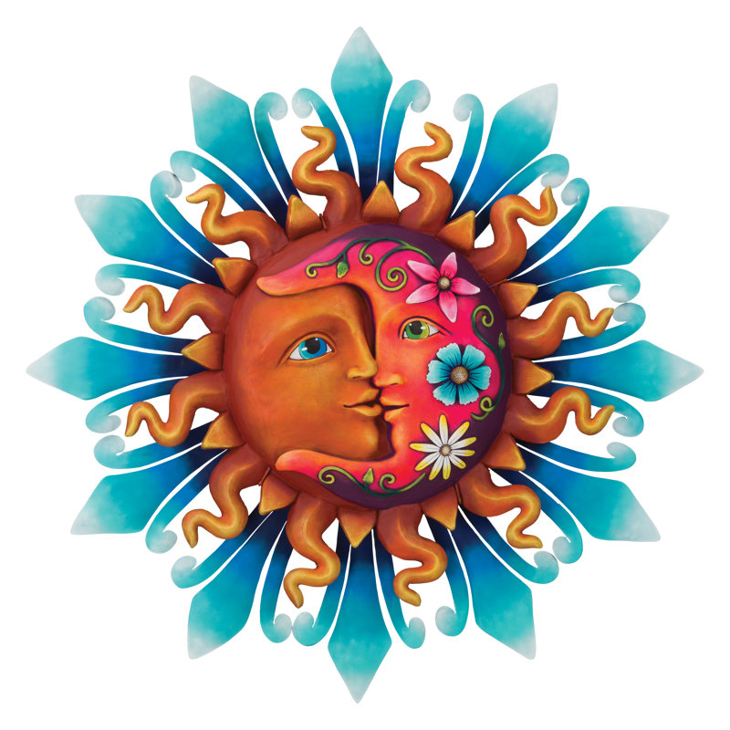 Décoration murale d'extérieur en métal 35 pouces avec finition multicolore résistante aux intempéries pour l'intérieur et l'extérieur - Sun Moon Hippe