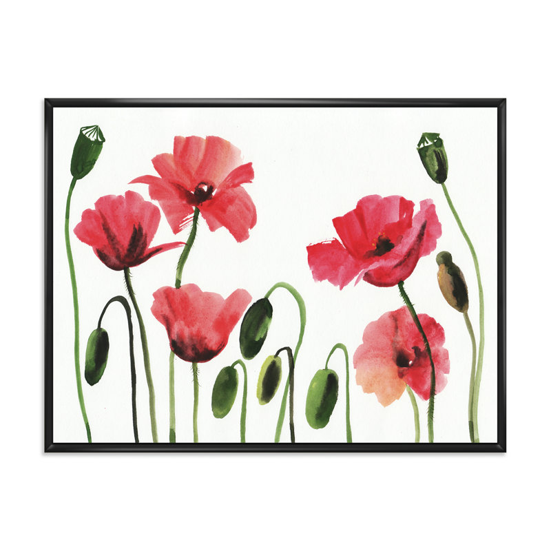 Coquelicots rouges rétro - peinture sur toile, H 16 po x l 32 po x p 1 po, Cadre flottant noir