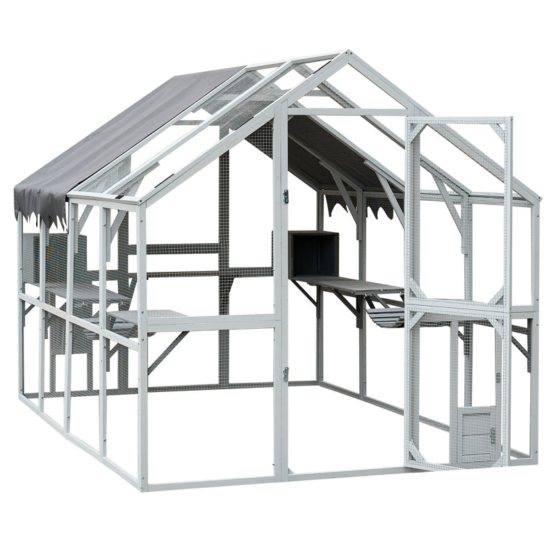 Blue+Grey Outdoor Cat House - 110" Large Kitten Playpen With Platforms, & Comfortable Waterproof Entertaining