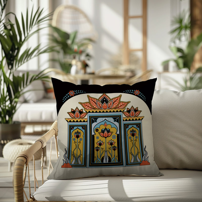 Coussin intérieur / extérieur Kimaya Lotus Arch, Noir / orange / or / bleu / gris, Carré 15 po