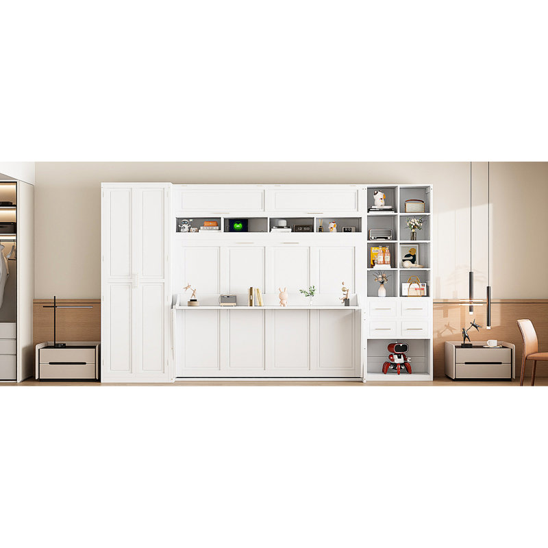 Grand lit blanc avec tablettes, garde-robe et tiroirs, meubles multifonctionnels pour économiser de l'espace dans les chambres, rangement intégré à taille ajustable, chambres d'amis parfaites pour la maison, maximisation