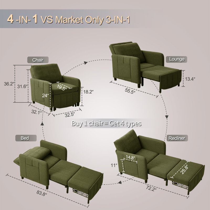 84" Extra Long Convertible 4 in 1 Sleeper Chair with Pull-Out Mechanism, Green