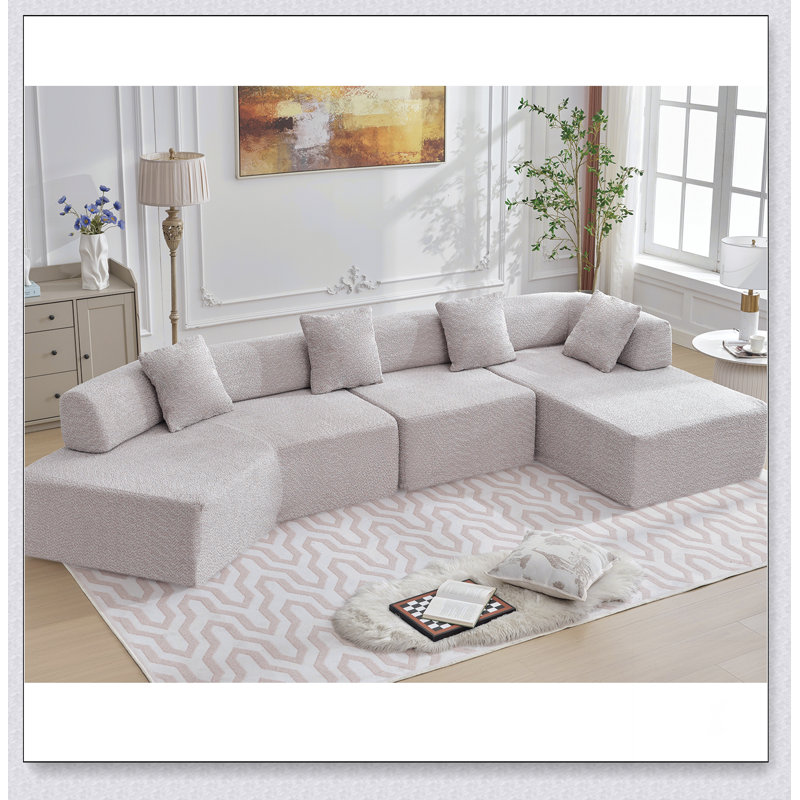 Canapé modulaire moderne en L de 140 po, sans assemblage requis, canapé modulaire Boucle, Polyester gris