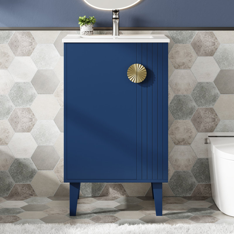 Ensemble de meuble-lavabo compact de style français avec lavabo en céramique, bois bleu, conception peu encombrante