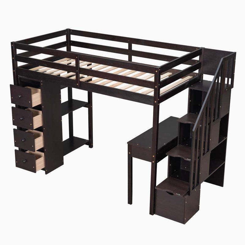 Lit mezzanine multifonctionnel avec bureau et escalier Iceola, Espresso