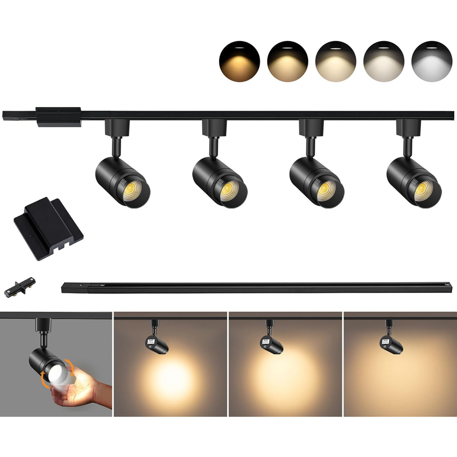 5-Color Zoomable 4-Light LED Track Lighting Kit – 3.3FT H-Rail, 12W Heads (15°-60° Beam), Dimmable 10-100%, CRI 90+, 2700K-6000K, Black Finish