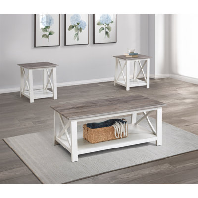 3-Piece Set Table Top Cocktail Rectangular Coffee Table And Two Matching Square End Tables Living Room Wooden Furniture