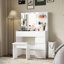 Table de coiffeuse avec miroir et 3 options d'éclairage, 4 tiroirs, beaucoup d'espace, bureau de maquillage blanc moderne, rangement généreux,