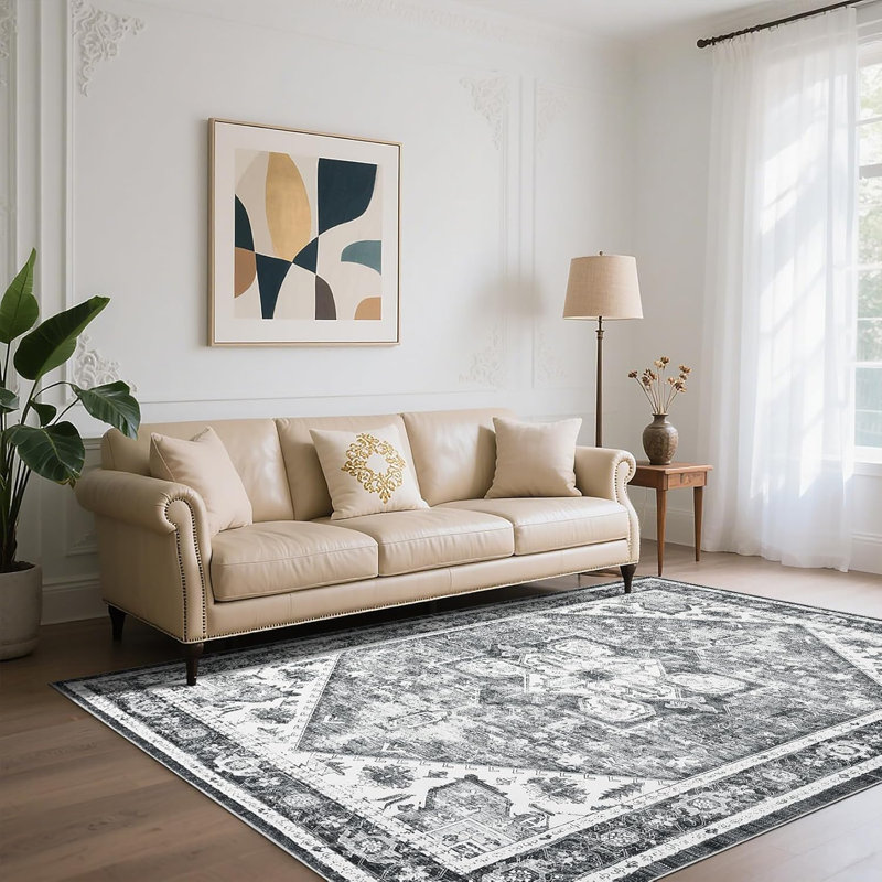 Machine Washable 5x7 Ft Vintage Boho Floral Rug, Non-Slip, Low Pile for Living Room/Bedroom/Entryway/Dining Room/Office 