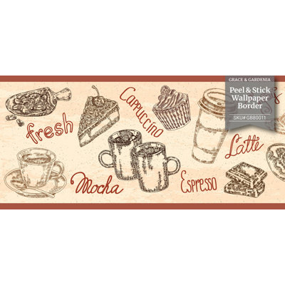 GB80011 Coffee Illustrations Peel and Stick Wallpaper Border 10in Height x 15ft Beige Brown Burgundy