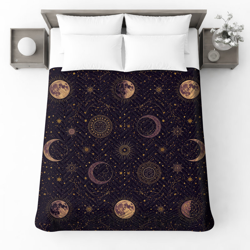 Celestial Moon Phases Quilted Bedspread All Sizes, Twin