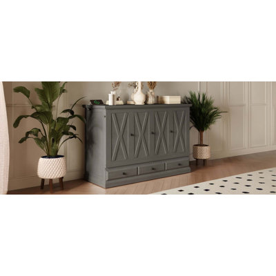 Solid Pine Wood Murphy Bed Chest Cube Cabinet Bed with Charging Station and Large Storage Drawer