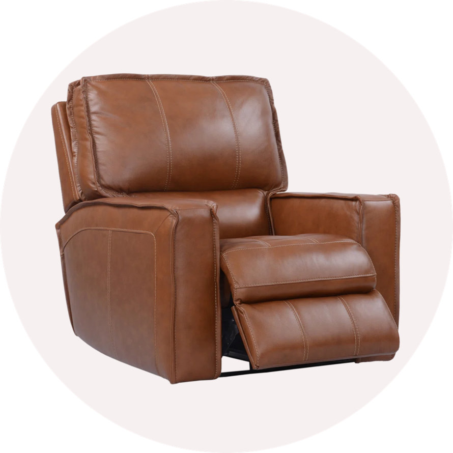 Brown leather recliner with plush cushions and stitched detailing.