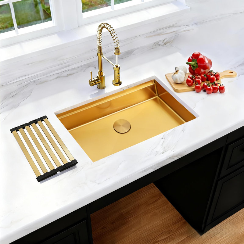 30“ Single Bowl Undermount Stainless Steel ADA Kitchen Sink Workstation Sink, Gold