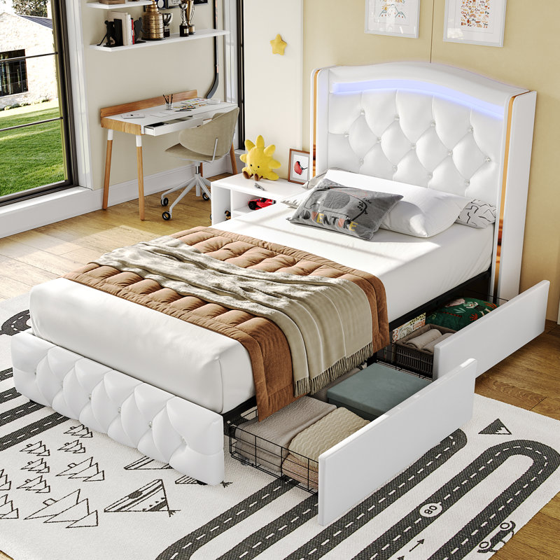 Areyon Upholstered Wingback Storage Bed, White, Twin