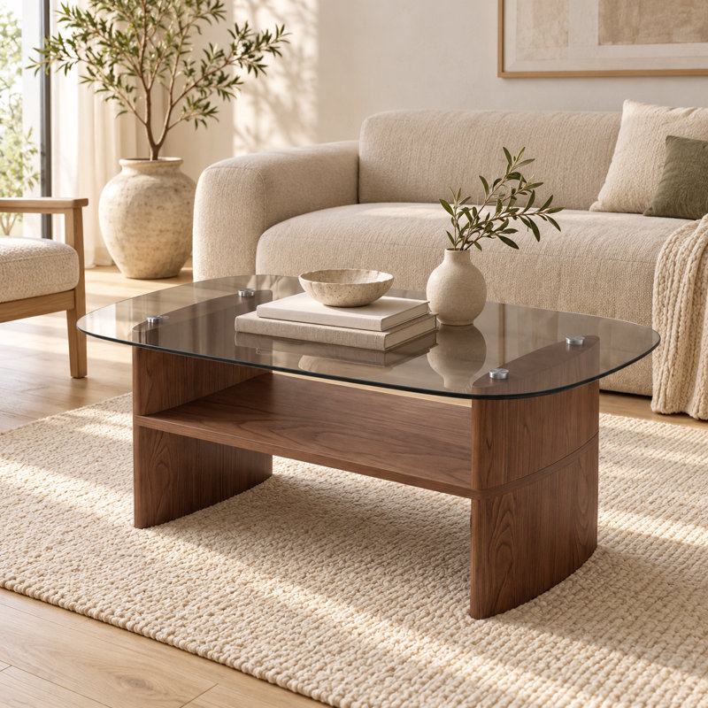 Table basse moderne en verre courbé avec structure en bois de noyer et tablette de rangement inférieure, Noyer