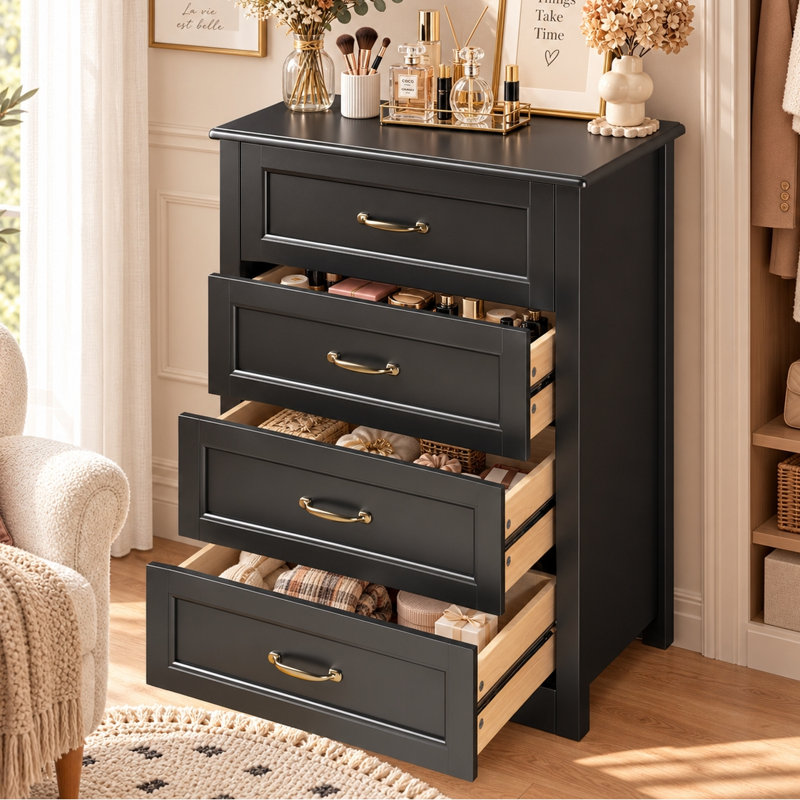 Ergica 4-Drawer Wooden Dresser, 31.5" H x 23.6" W x 15.7" D, Black