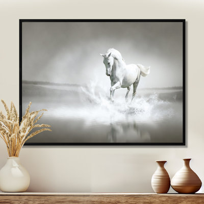 Cheval, reproduction d'art sur toile, cheval blanc qui court dans l'eau