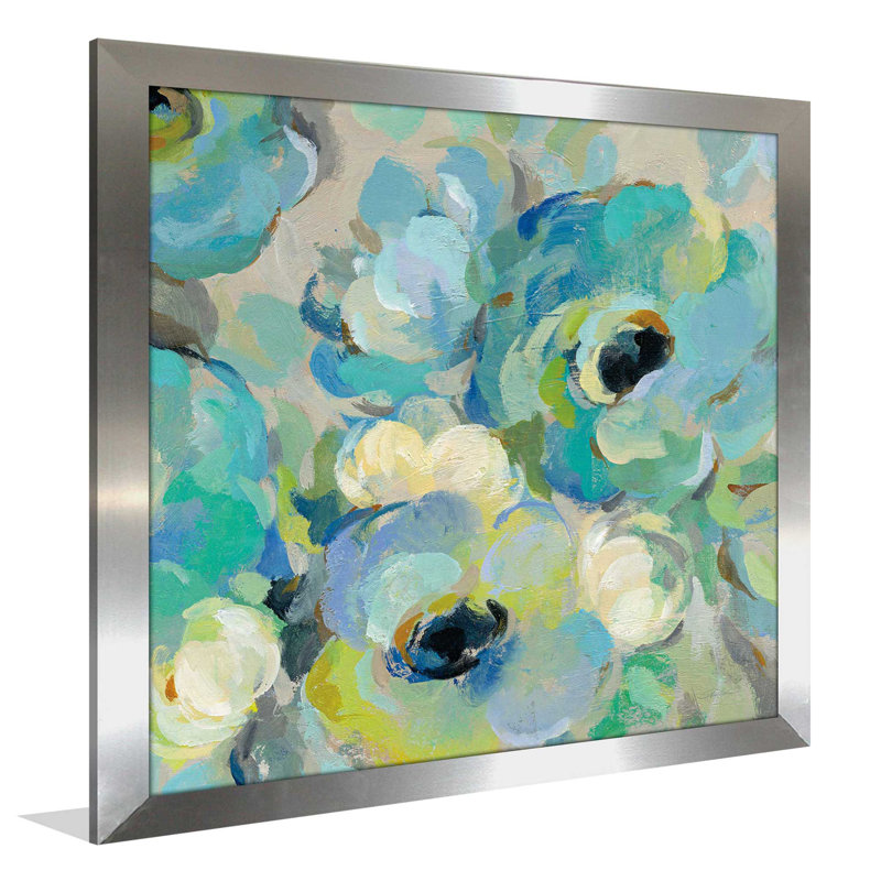 «Fresh Teal Flowers III», reproduction de peinture acrylique, H 25,5 po x l 25,5 po x P 1 po, Encadrement argenté