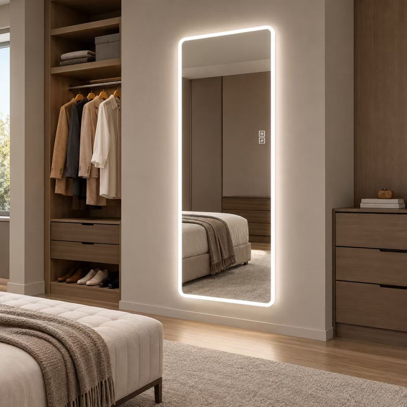 Wall Mounted Full Length LED Mirror with 3 Color Lighting Dimmable Shatterproof 5mm Copper Free Silver Glass Plug In or Hardwired